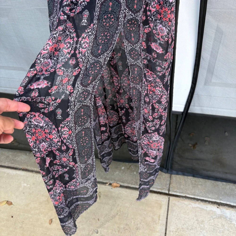 Free People Moroccan Printed Lace Yoke Slit Front Maxi Dress Black Pink 8